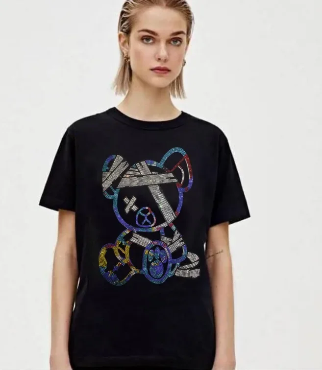 2025 Cartoon Short Sleeve T Shirt for Women Summer Clothes Bear Diamonds Fashion Streetwear O Neck 100% Cotton Womens T-shirts