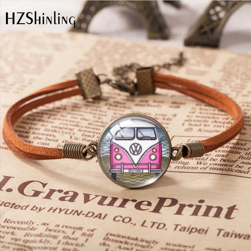 2023 New Hippie Peace Car Pattern Leather Bracelet Art Accessories Glass Cabochon Fashion Jewelry Gift