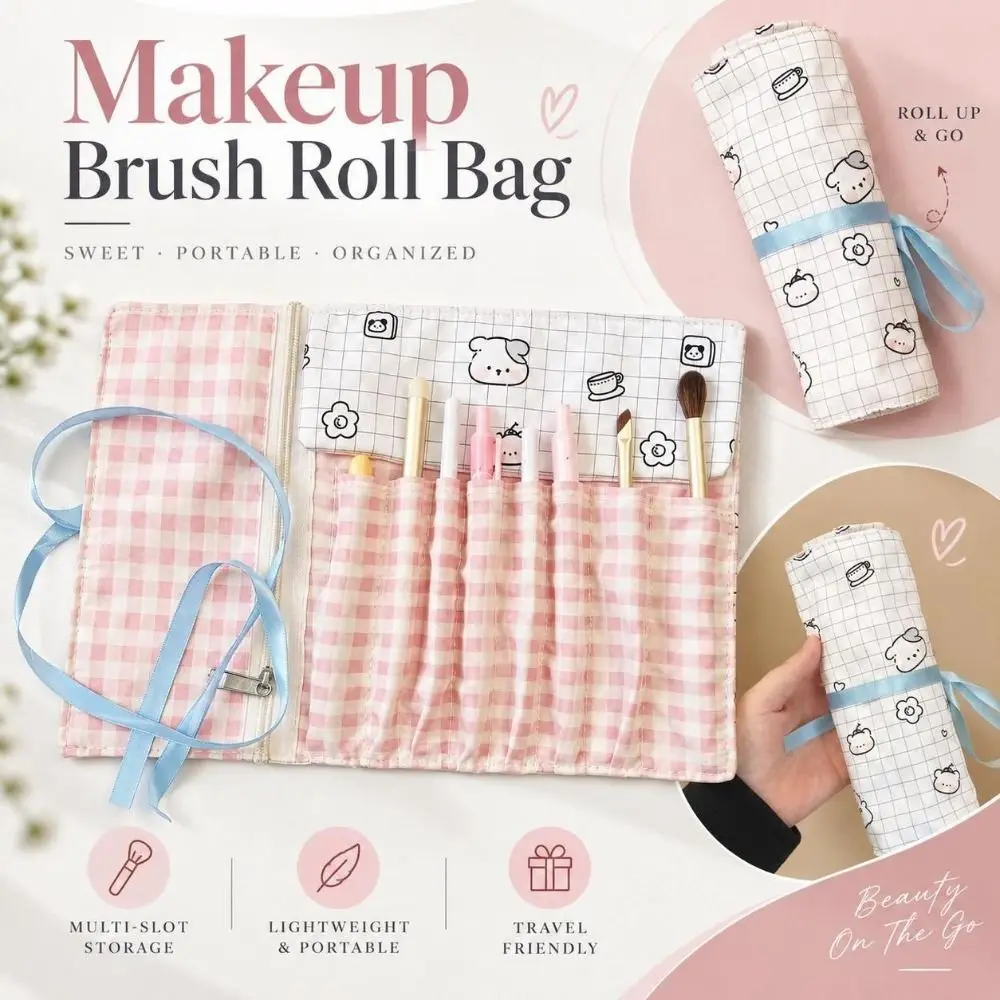 Multi-Slot Makeup Brush Roll Bag Roll-Up Ribbon-Tie Cosmetic Brush Pouch Portable Grid Pattern Brush Storage Wrap