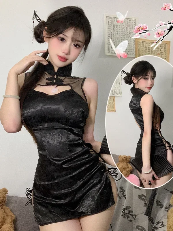 섹시한 Cheongsam 미니 드레스 메쉬 레이스 쉬어 매력적인 속옷 유니폼 투명 슬림 사이드 스트랩 드레스 우아한 탑