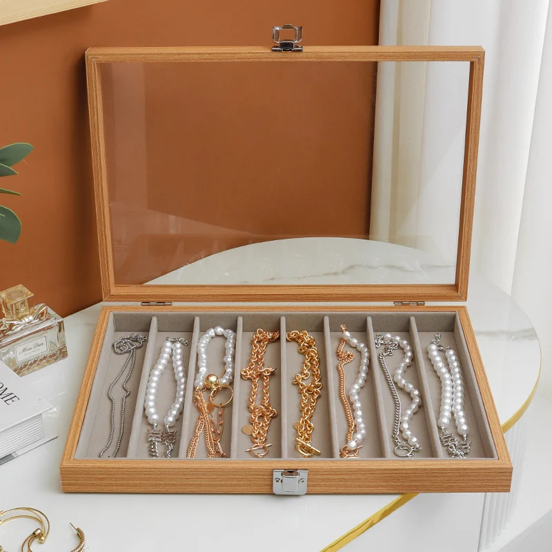 Wood Jewelry Box Organizer Bracelet Earrings Jewelry Boxes Storage for Women Ring Necklace Transparent Skylight Tray Display