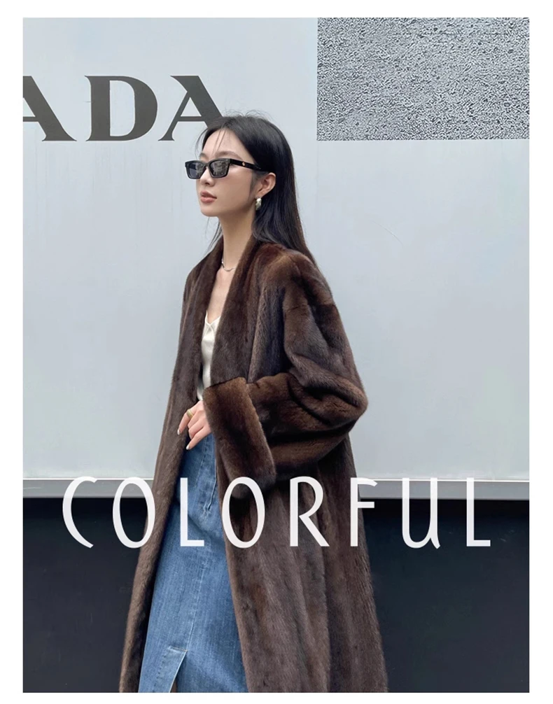 Lautaro Winter Long Vintage Elegant Luxury Chic Thick Warm Soft Brown Fluffy Faux Mink Fur Coat Women V Neck Furry Overcoat 2023