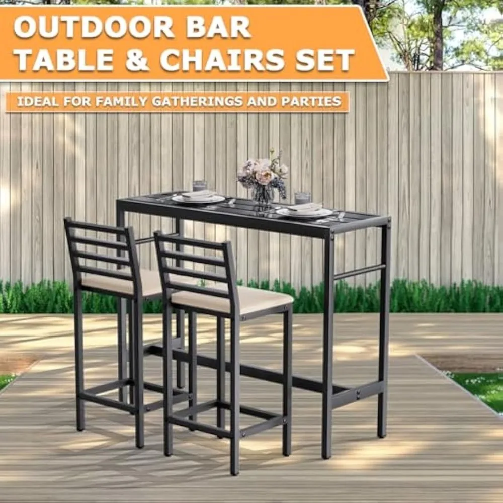 Outdoor Patio Bar Set, 50IN Rectangular Counter Height High Top Bar Tables, 3 Piece 2 Cushioned 41" Bar Stools, Metal Table