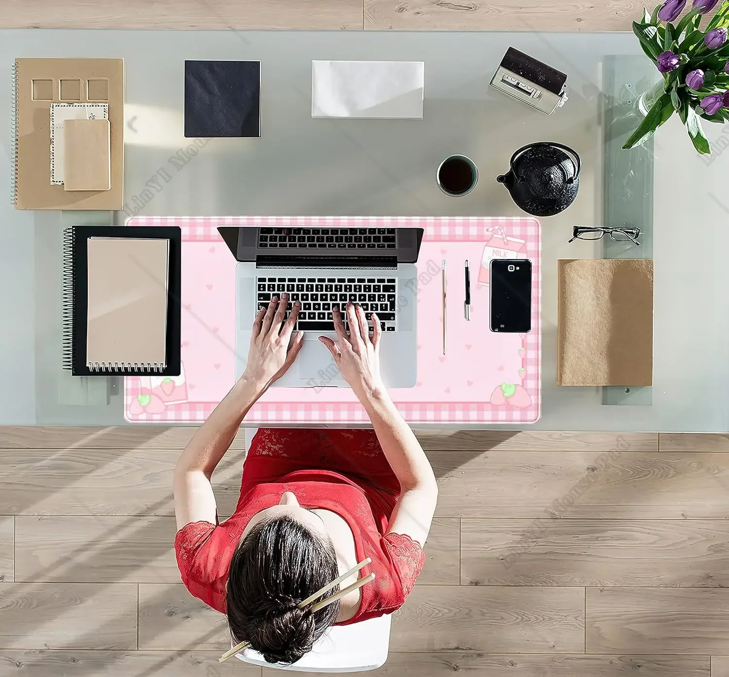 Cute Pink Plaid Strawberry Milk Gaming Desk Pad Kawaii Large Keyboard XXL Laptop Mousepad Office Decor for Women 31.5x11.8 In