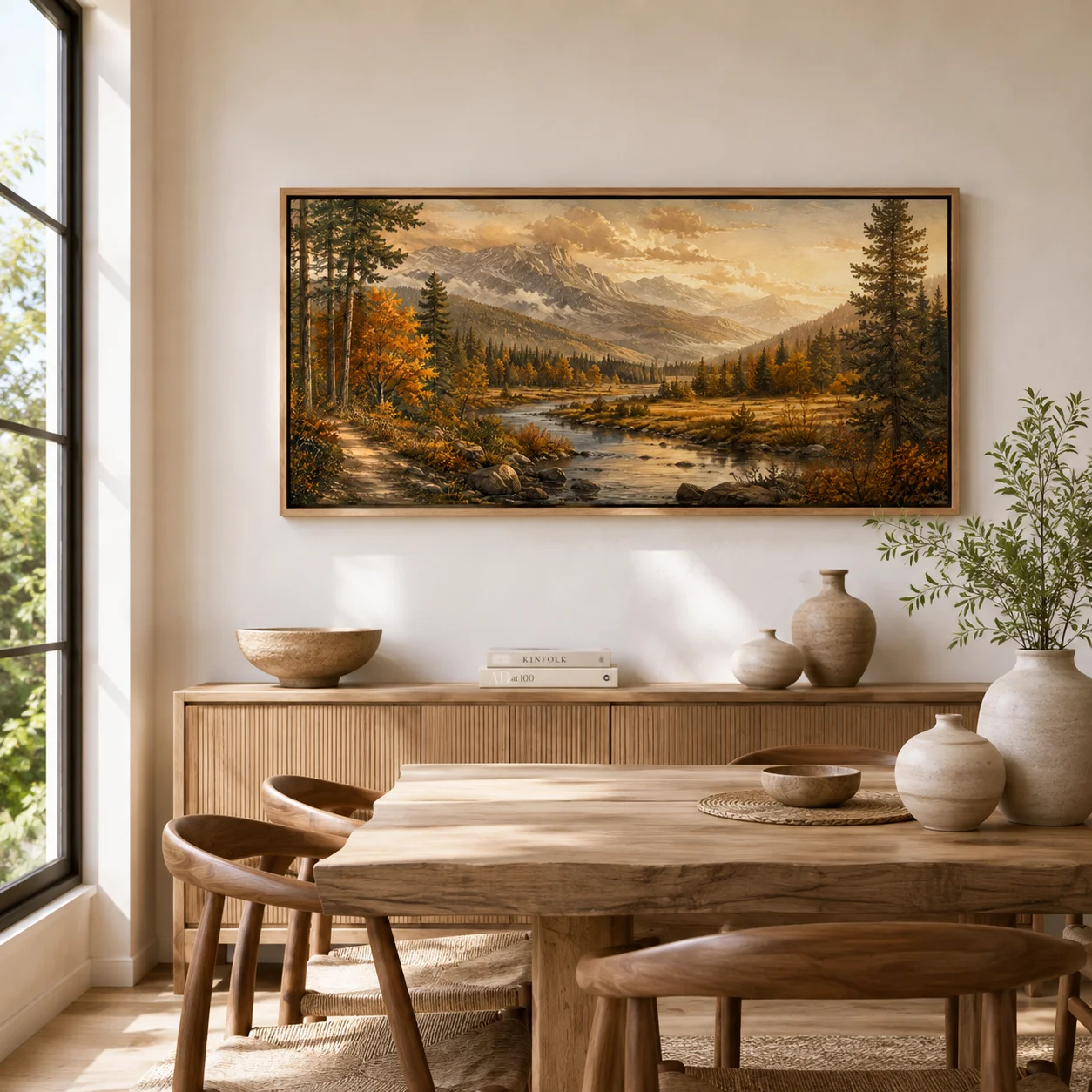 Autumn Mountain River Canvas Wall Art, Retro Golden Fall Forest Landscape Painting, Large Horizontal Farmhouse Home Wall Decor