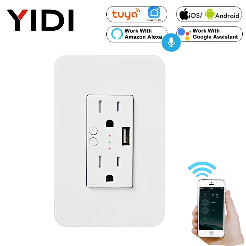 Wifi Smart Wall Power Outlets Plug with 2 USB Socket Smart Life/Tuya APP Remote Control Anywhere Work with Alexa Google Home