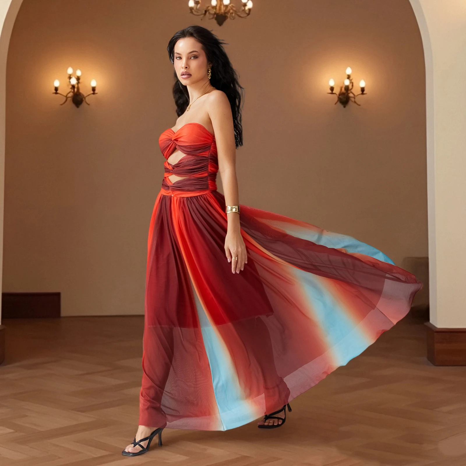 Damska Nowa Letnia Sukienka z Wąskimi Wzorami, Wycięciami, Odkrytymi Ramionami, Kontrastowymi Kolorami, Długa Spódnica Wakacyjna S-XL