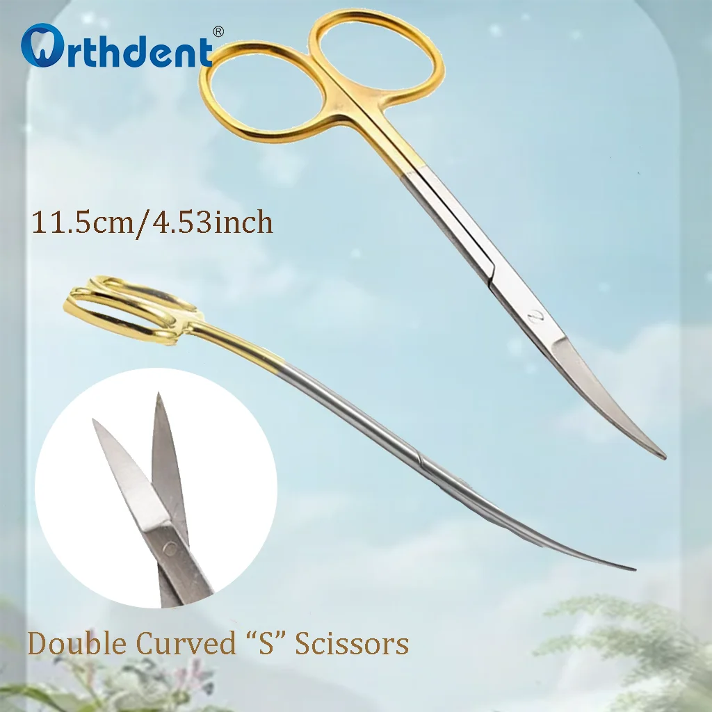 Dental Stainless Steel Surgical Scissors S Double Curved Needle Holder Plier Gold Plated Handle Dentist Medical Dissecting Tools