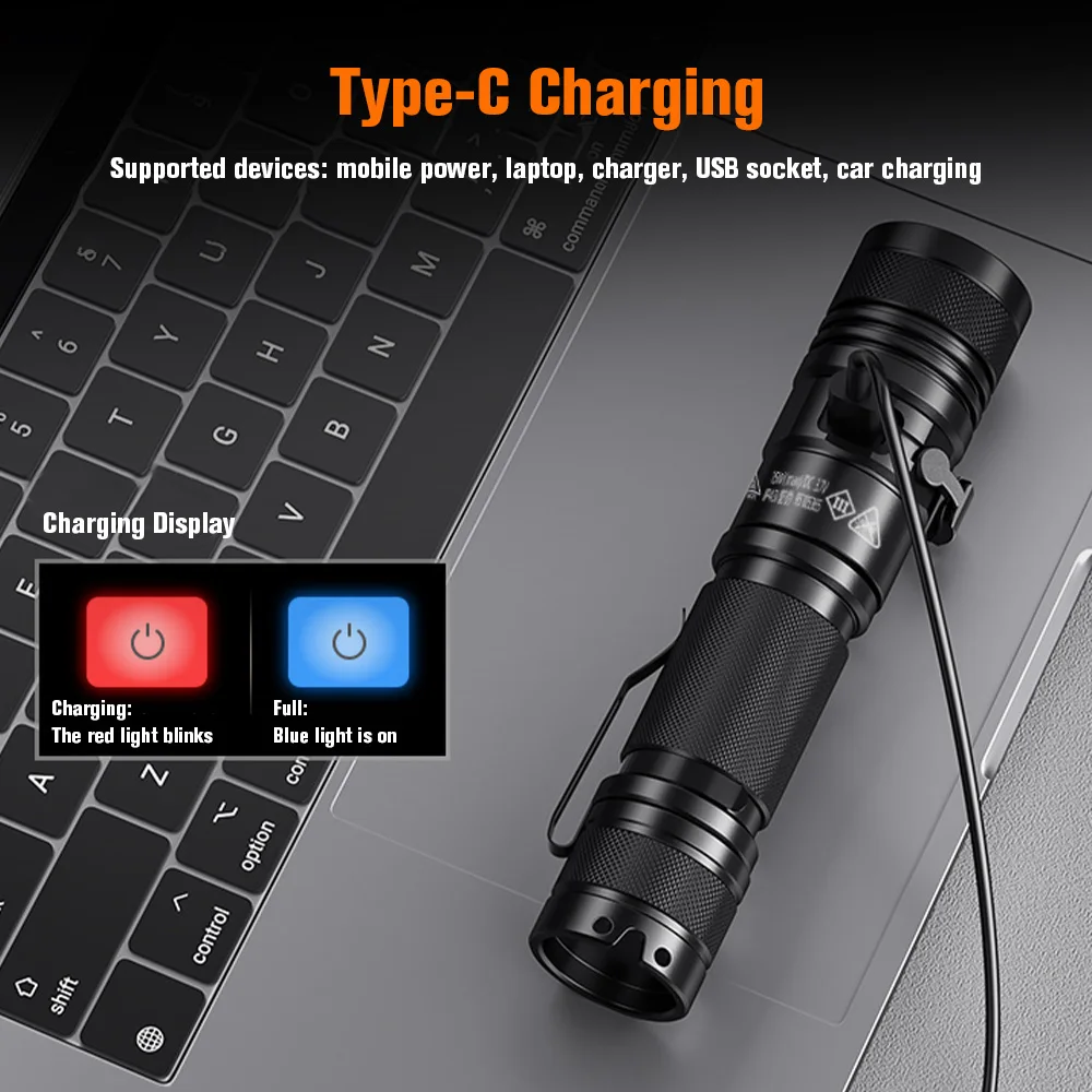 SUPERFIRE A12 Powerful LED Flashlight USB C Rechargeable Zoomable 18650 EDC Torch 5 Mode Light Camping Fishing Lantern