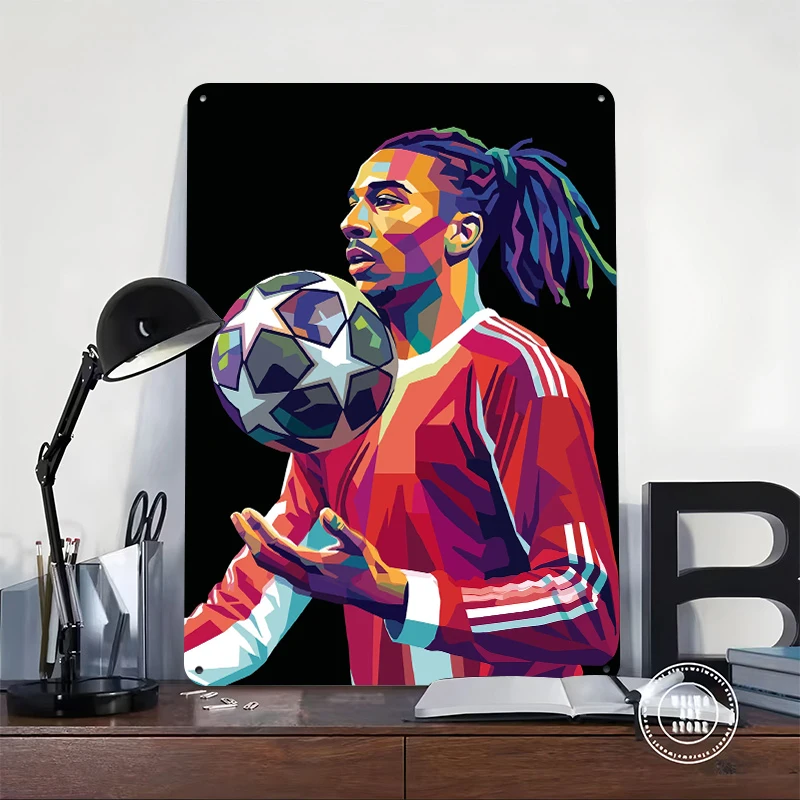 Football Player With Champions League Ball Poster Customized Vintage Metal Signs Wall Art Retro Tin Plaque for Luxury Decoration