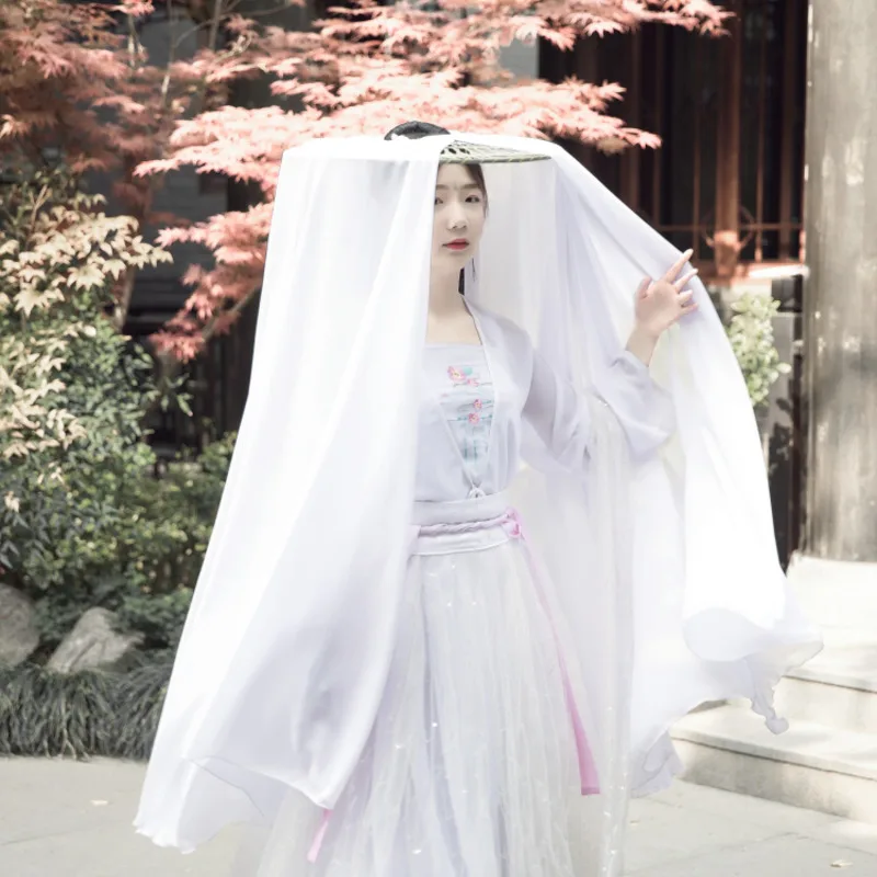 White Flower Bamboo Hat Women Hanfu Accessories Display White Antique Sunscreen Veil Bamboo Hat Curtain Cosplay Head Umbrella 