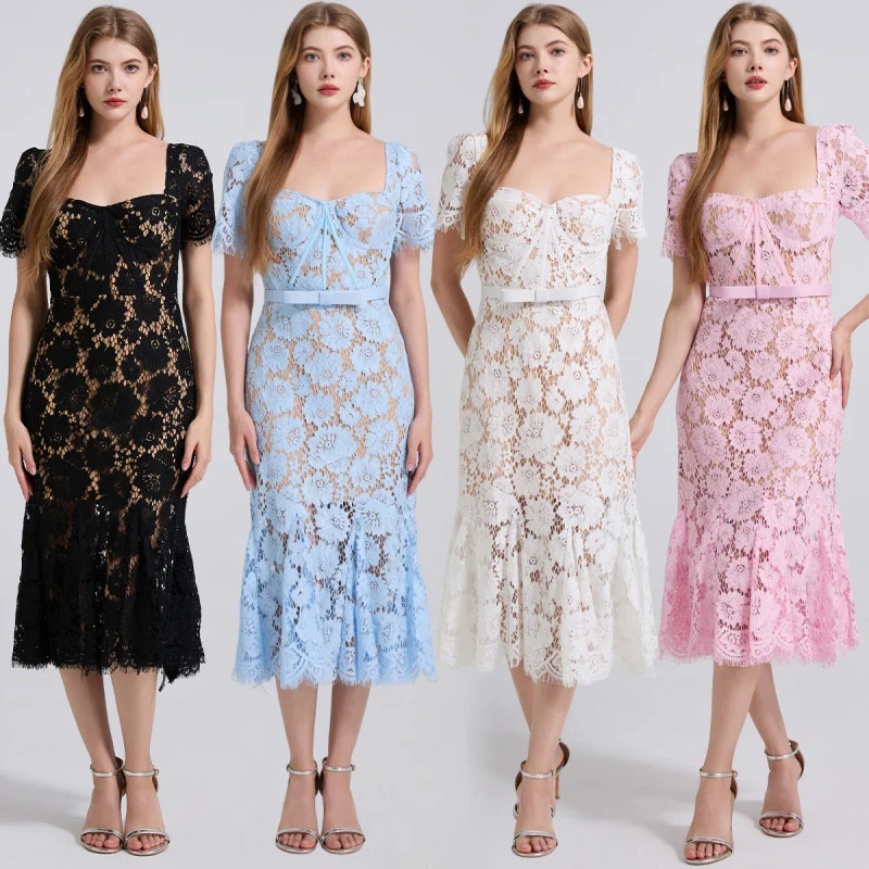 

Sexy Elegant Lace Formal Dress For Women Summer Short Sleeve Fish Bone Steel Fish Tail Long Dresses Embroidery Evening Vestidos