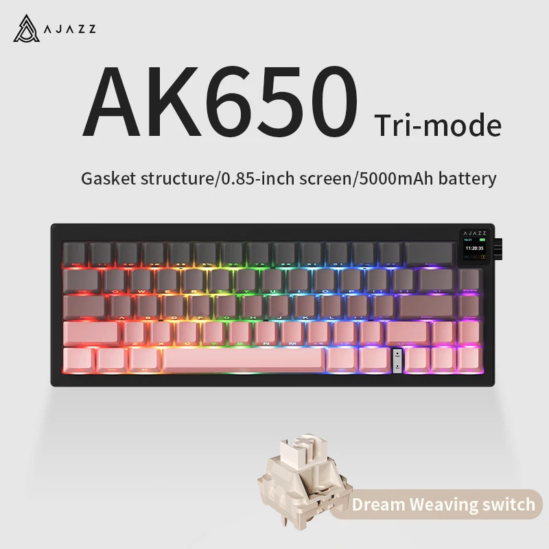 AJAZZ AK650 Mechanical Keyboard / Full Hot-Swappable Keys / 5000mAh Battery / Wired / Bluetooth / 2.4GHz Wireless / TFT Color Display / Customizable via Driver / Side Metal Knob / 65% Layout, Compatible with (Windows, Mac)