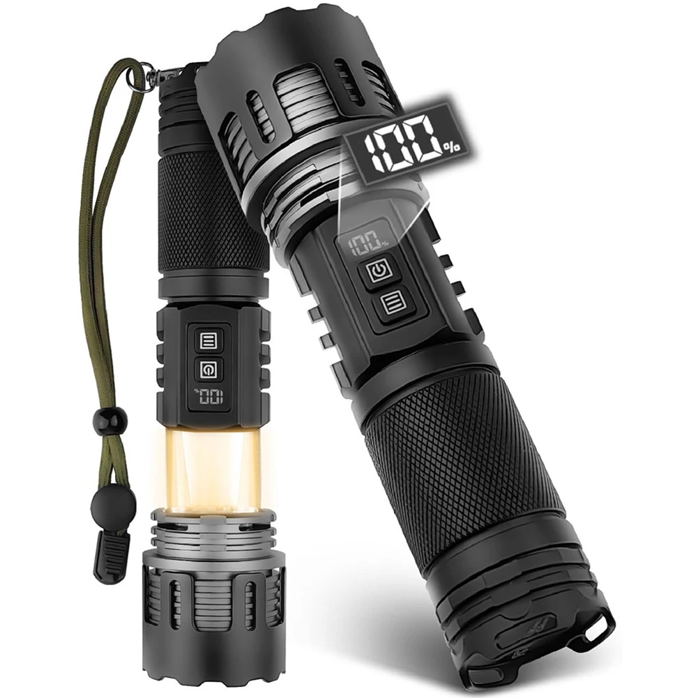 

5V 2A Type-C Rechargeable Flashlight, IPX5 Waterproof 30000 Lumens Torch 4+6 Lighting Modes With 360 ° Camping Light