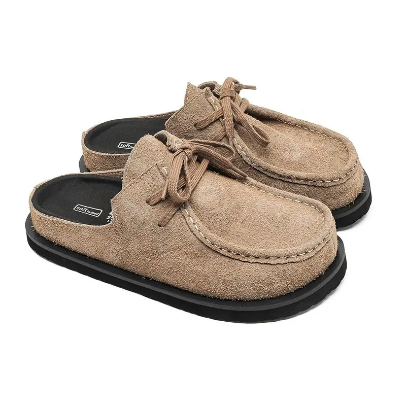 

New lace-up Leather baotou slippers men's half slippers spring and summer new wear soft bottom thick bottom lazy slippers
