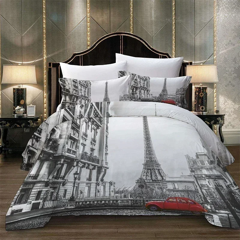 Paris Tower London City Scenery Big Ben Red Telephone Booth Bus Print Bedding Set Quilt Duvet Cover+Pillow Case US AU EU Size