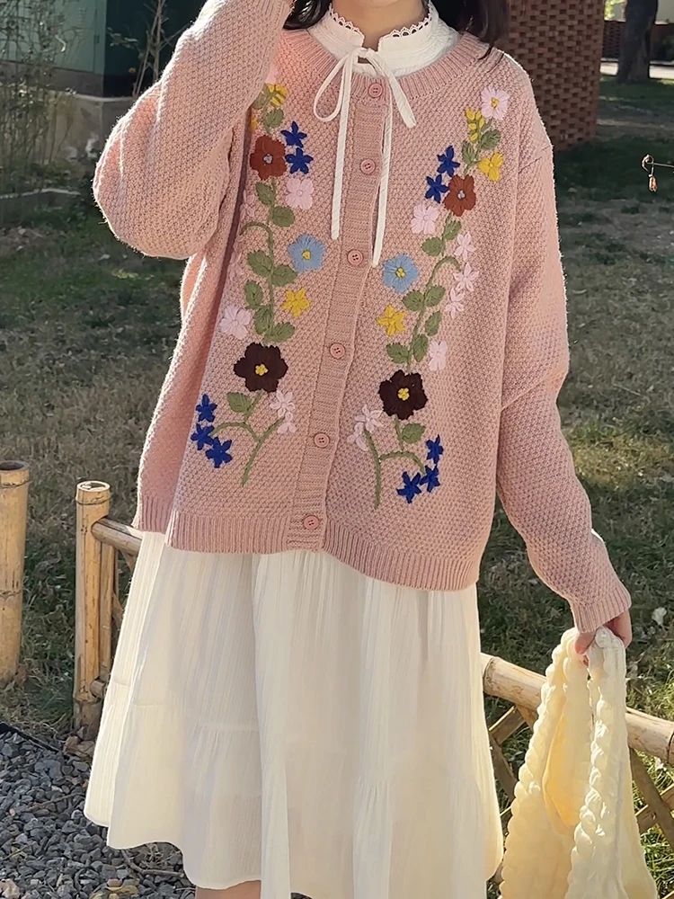 

Вязаный кардиган с цветочной вышивкой, длинными рукавами, на одной пуговице, из хлопка, повседневный, весна-осень