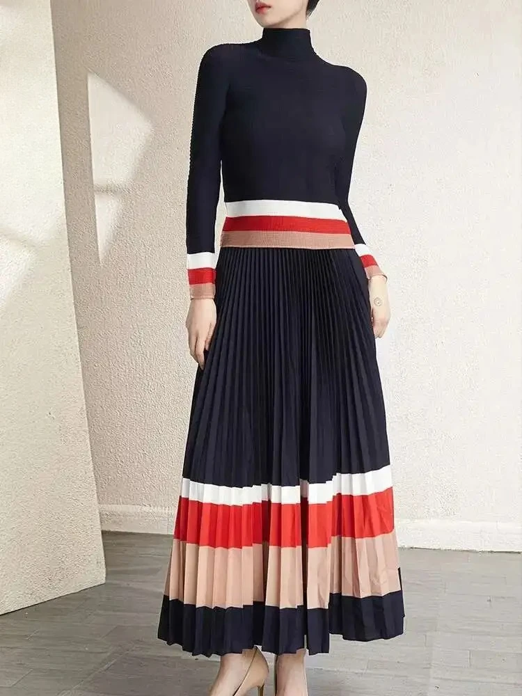 

Women's Clash Printed Pleated Suit Fashion Casual Comfortable Long Sleeve High Neck Tee High Waist A-Line Skirt 2025 Summer New