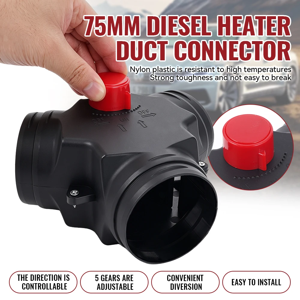 Adjustable Y Warm Air Duct Splitter 1 In 2 Out with Red Knob for 5-8kW Parking Diesel Heater RV Truck Camper Dual 75mm Outlet