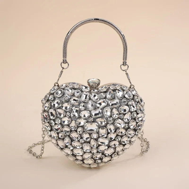 Luxury Mini Diamond Inlay Heart Shape Crystal Clutch Purse Stones Evening Wedding Party Shoulder Bag Handle Rhinestone Handbags