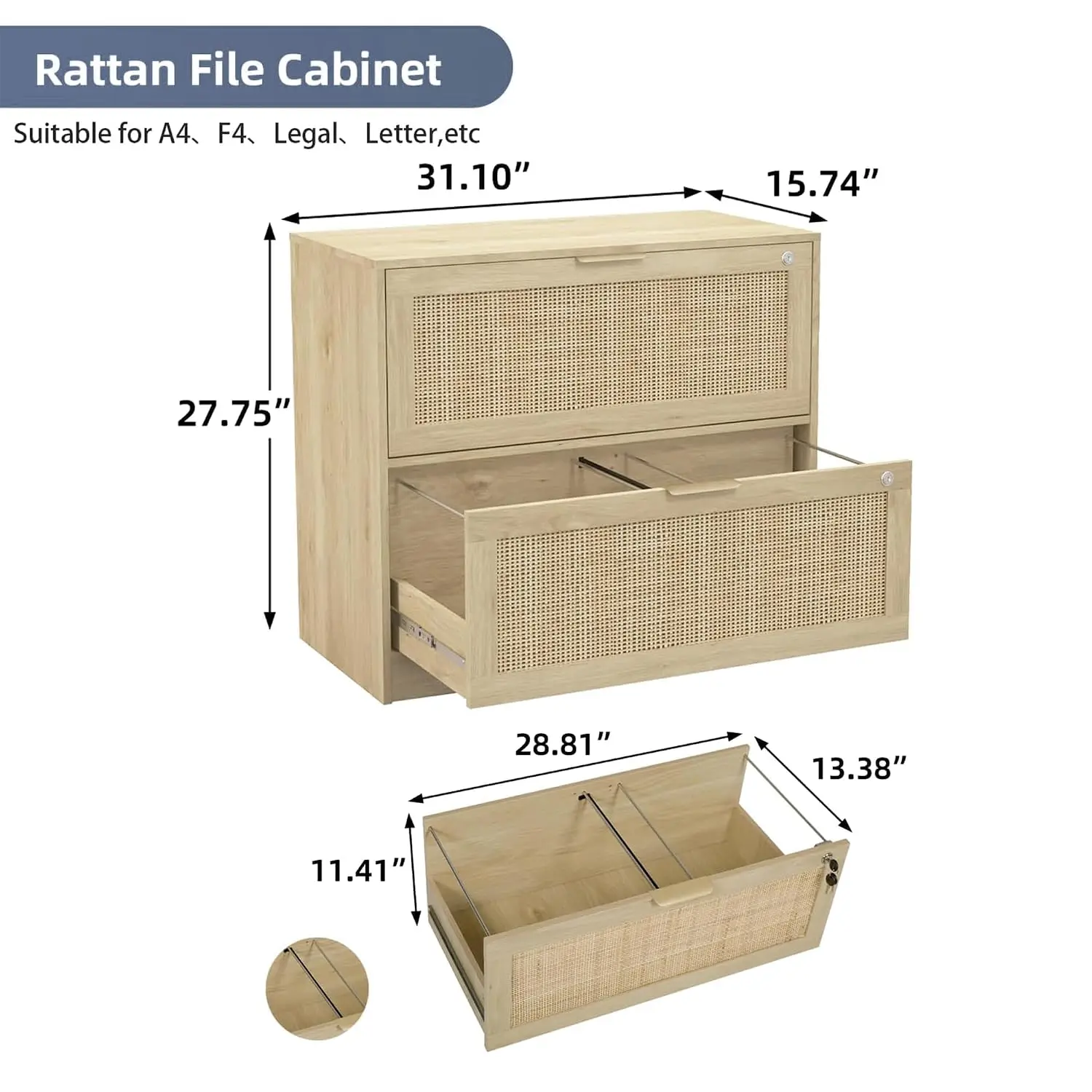 Rattan 2-Drawer Lateral File Cabinet with Lock & Printer Stand for Home Office Letter Legal A4 F4 Files Natural Wood, Customized