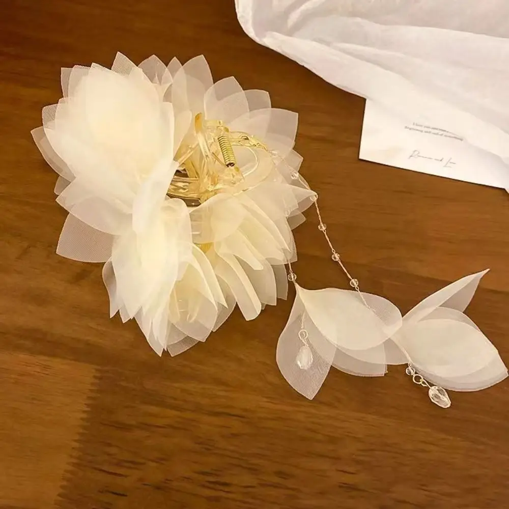 Jepit Rambut Rumbai Panjang Baru Jepit Rambut Elegan Bunga Jaring Aksesori Rambut Klip Hiu