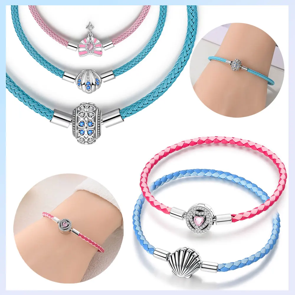 

925 Sterling Silver Original Women Bracelet Pink Heart Zircon Gemstone Blue Shell Bracelet Jewelry Luxury Anniversary Fine Gift