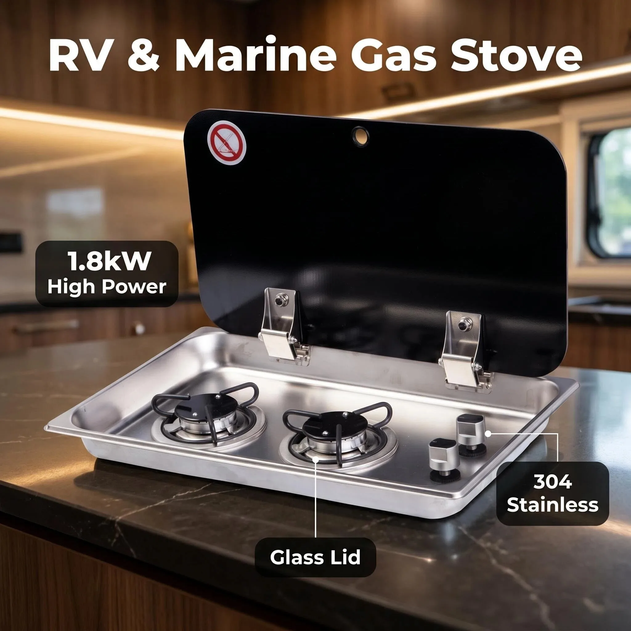304 Stainless Steel Brushed Silver Lightweight Built-in RV 2 Burner Gas Stove with Lid for Motorhome Caravan Kitchen