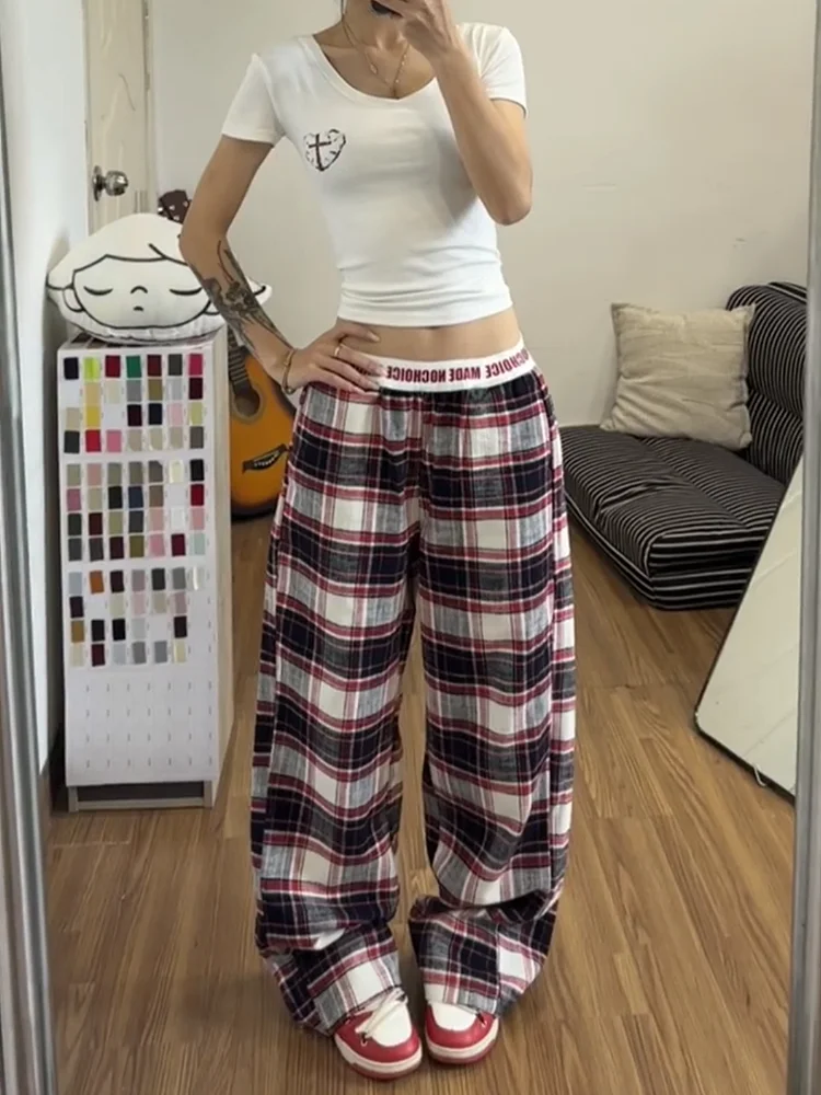 American Style Spicy Letter Check Wide Leg Pants Women Summer New Loose Casual Trousers High Waist Asymmetric Elastic Waist