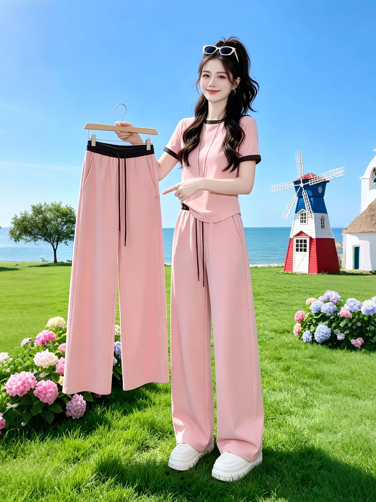 Slimming Effect Loose Wide Leg Pants Short Sleeve round Neck T Shirt Set Summer New Women's Fashion Outfit High Waist Trousers