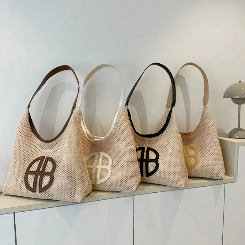 

Summer simple fashion shoulder bag new large capacity tote bag retro casual commuter handbag hollow breathable beach bag
