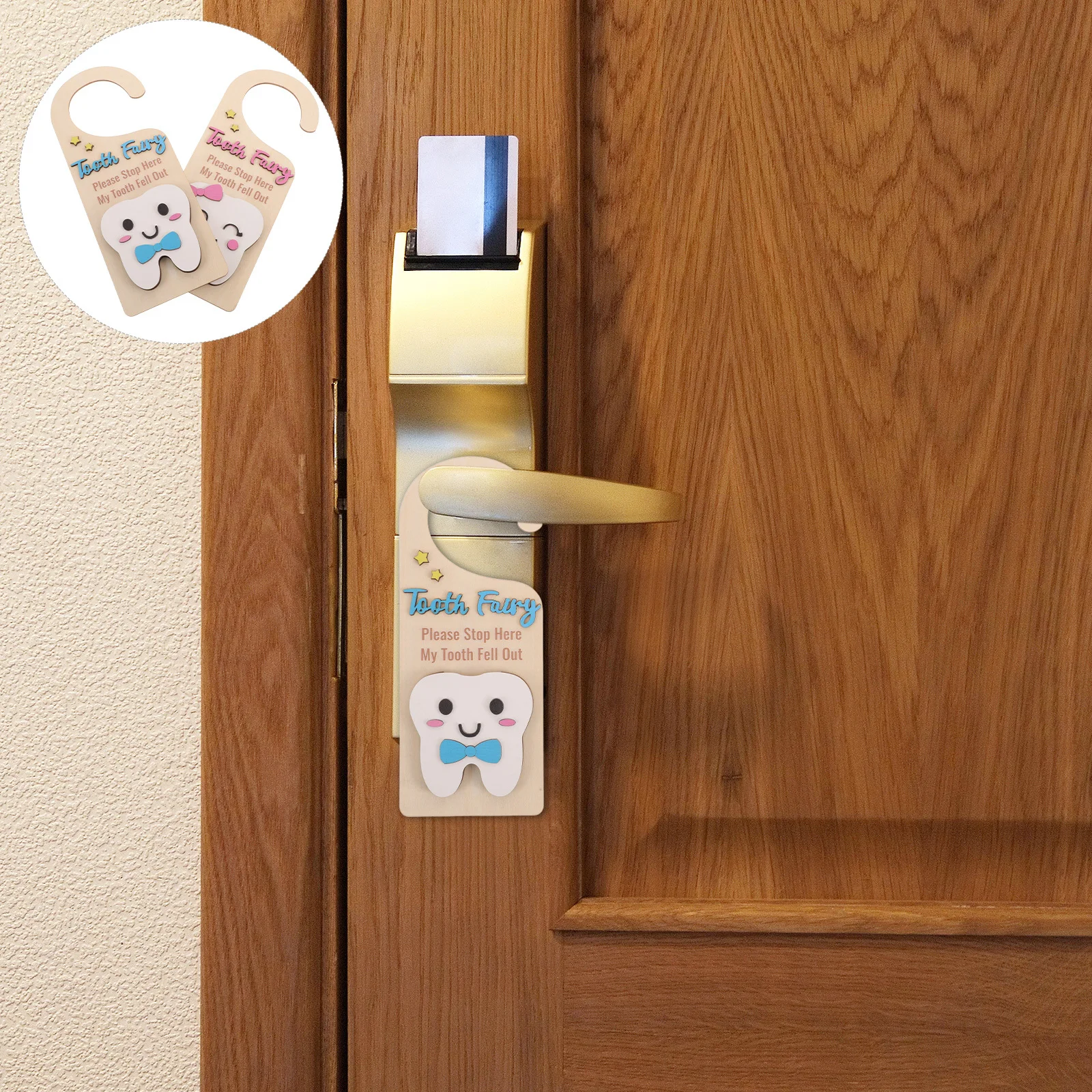 

2pcs Wooden Tooth Fairy Door Hangers Natural Wood Hanging Signs For Home Hotel Room Decor Cute Door Handle Tags