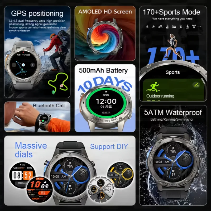2026 جديد GPS الساعات الذكية HD الياقوت AMOLEDBluetooth دعوة معدل ضربات القلب البوصلة 5ATM مقاوم للماء 500mAh الرياضة ساعة ذكية للرجال