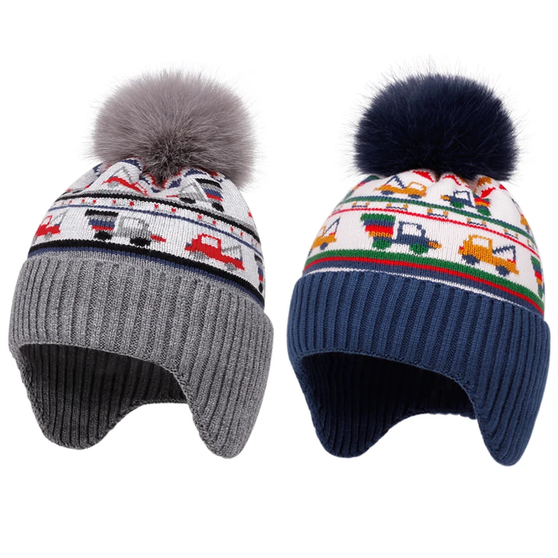 الشتاء الاطفال محبوك قبعة الكرتون سيارة مطبوعة قبعة للبنين بنات قبعات حماية الأذن بالإضافة إلى الملحقات المخملية في الهواء الطلق دفئا
