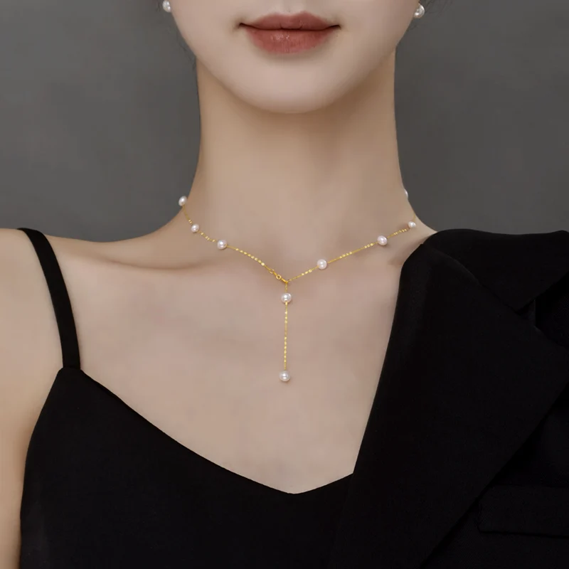 NYMPH Real 18K Gold Jewelry Natural Pearl Necklace Pendnat Pure Au750 O Chain All Over The Sky Star Party Gift For Women X611