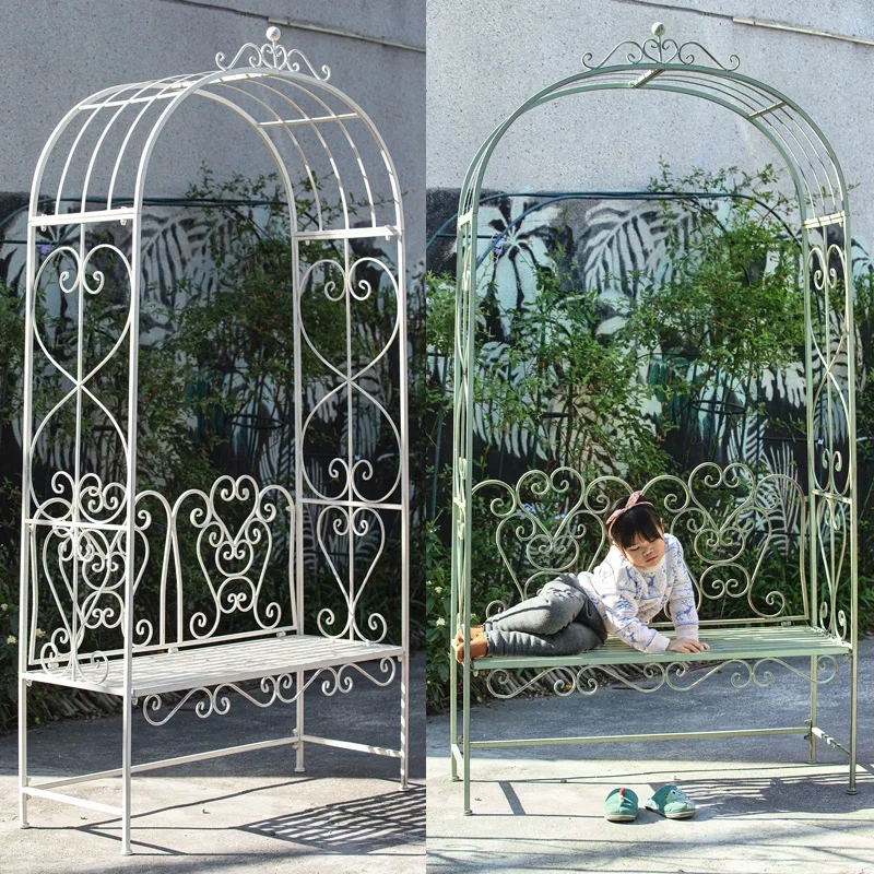 American country retro wrought iron with seat arch climbing vine flower stand garden