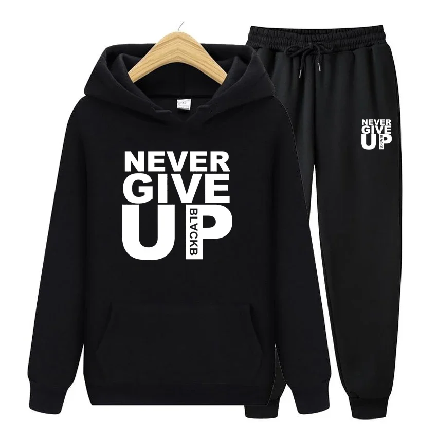 

Men's Hoodies Set Sweatshirts Soft Autumn Winter Tracksuit Never Give Up Print Tops Cotton Streetwear Quality Male Pullovers