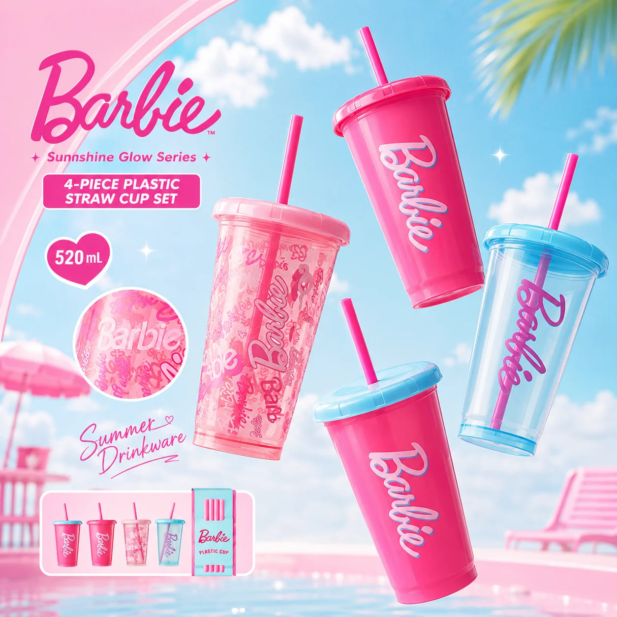 MINISO Barbie Sunshine Glow Series 520ml Plastic Straw Cup Set 4PCS Reusable Tumbler Cute Drinkware Summer Water Bottle Gift