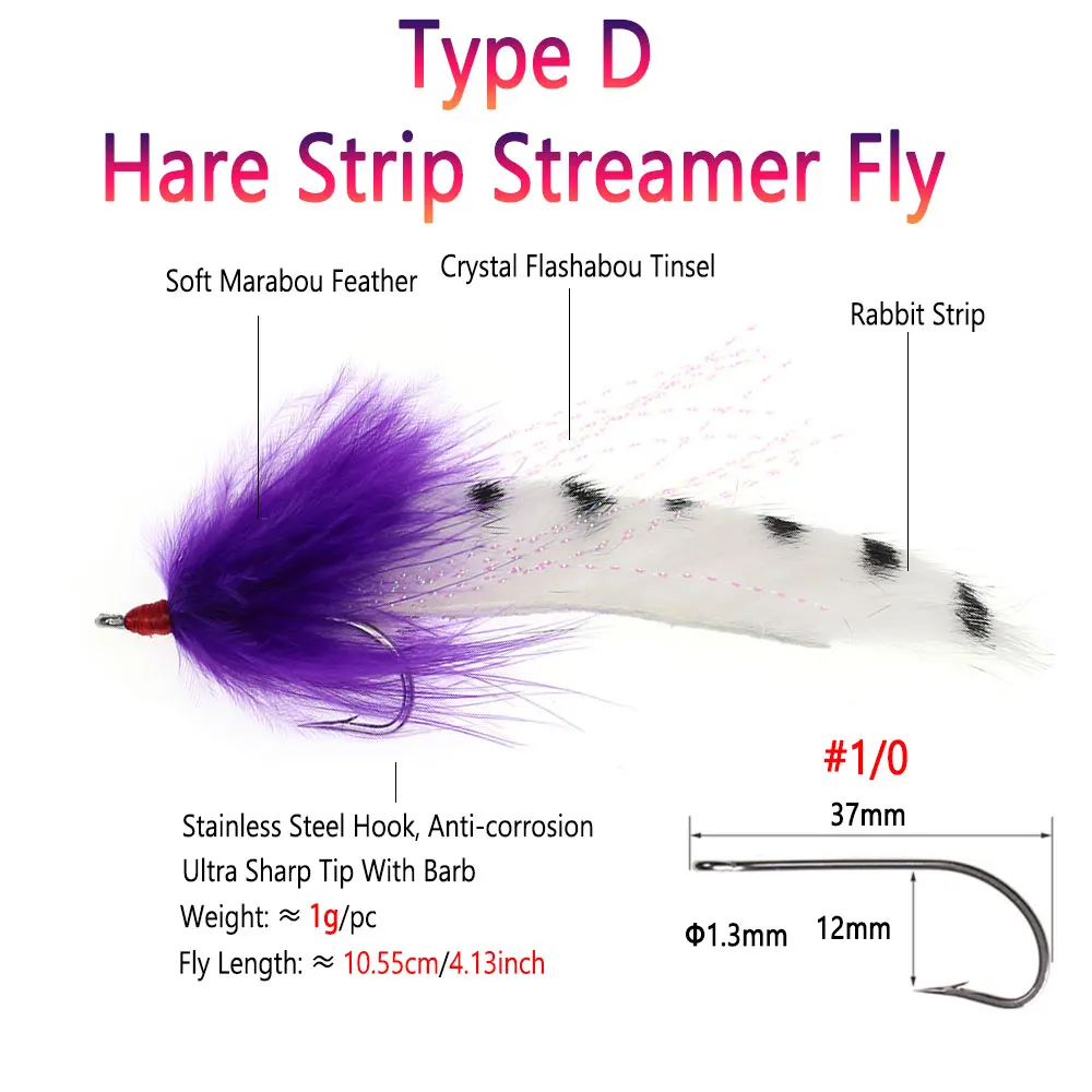 Bimoo 2pcs 1/0 Dumbbell Bead Eyes Marabou Streamer Fly Hare Strip Streamer Trout Pike Steelhead Musky Saltwater Fishing Lures