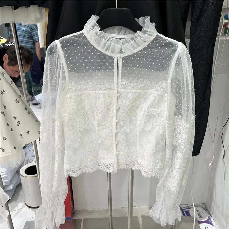 

French Style Polka Dot Lace Shirt Women's Short Sleeve Mesh Bell Sleeve Stand Collar Summer New Fashion Versatile Open Cardig...