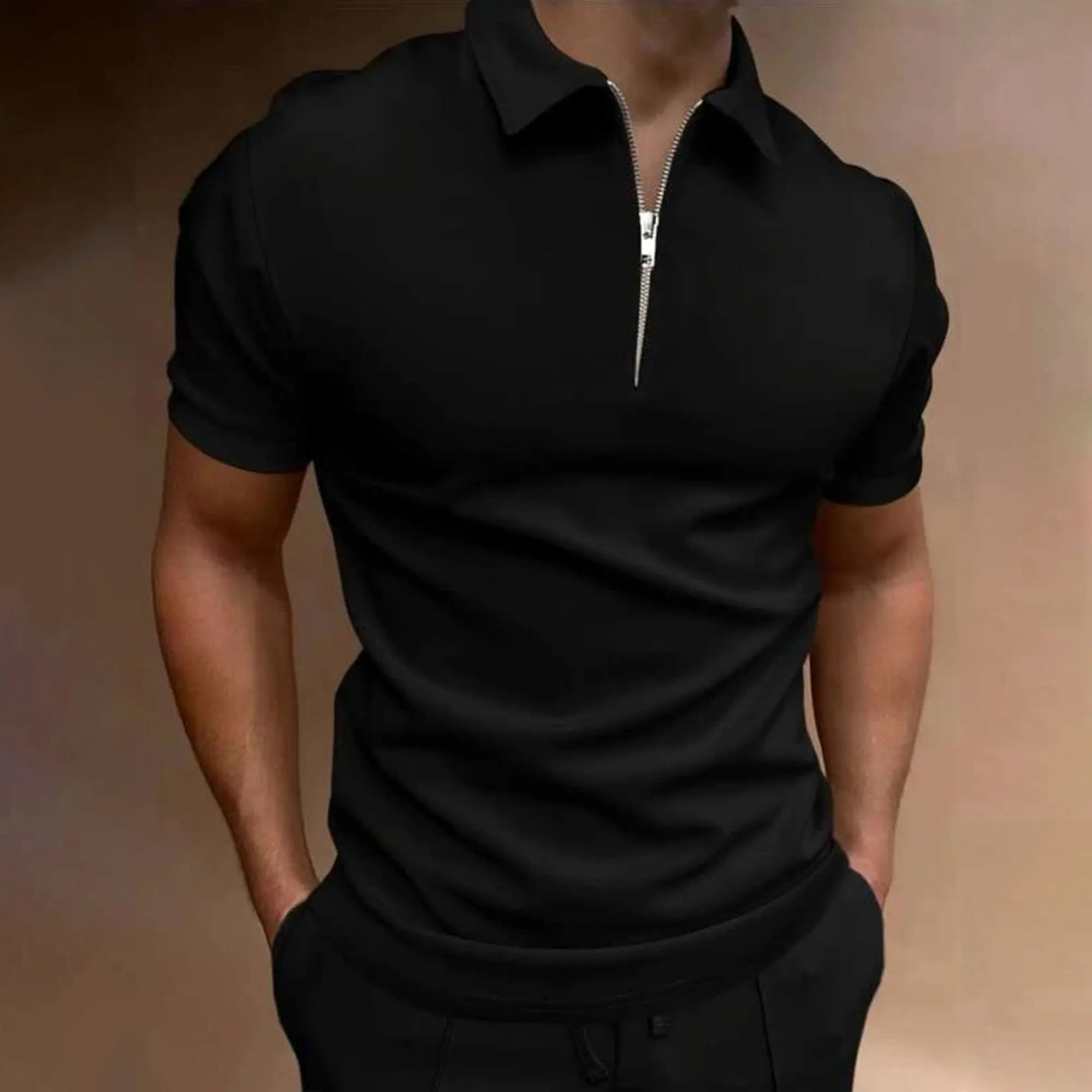 

Summer Men's Solid Color Polo Shirt Short Sleeve Turn-Down Collar Zipper Tshirts Men Casual Streetwear Breathable Male Tops