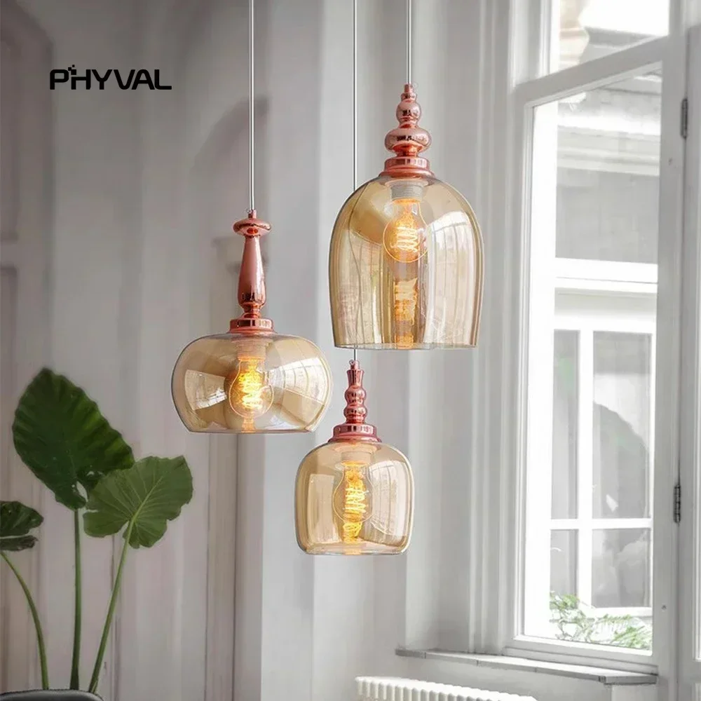 

Vintage Cognac Glass Pendant Light Modern LED Warm White Bulb Pendant Light For Kitchen Bar Living Room Bedroom Loft Ceiling Lig