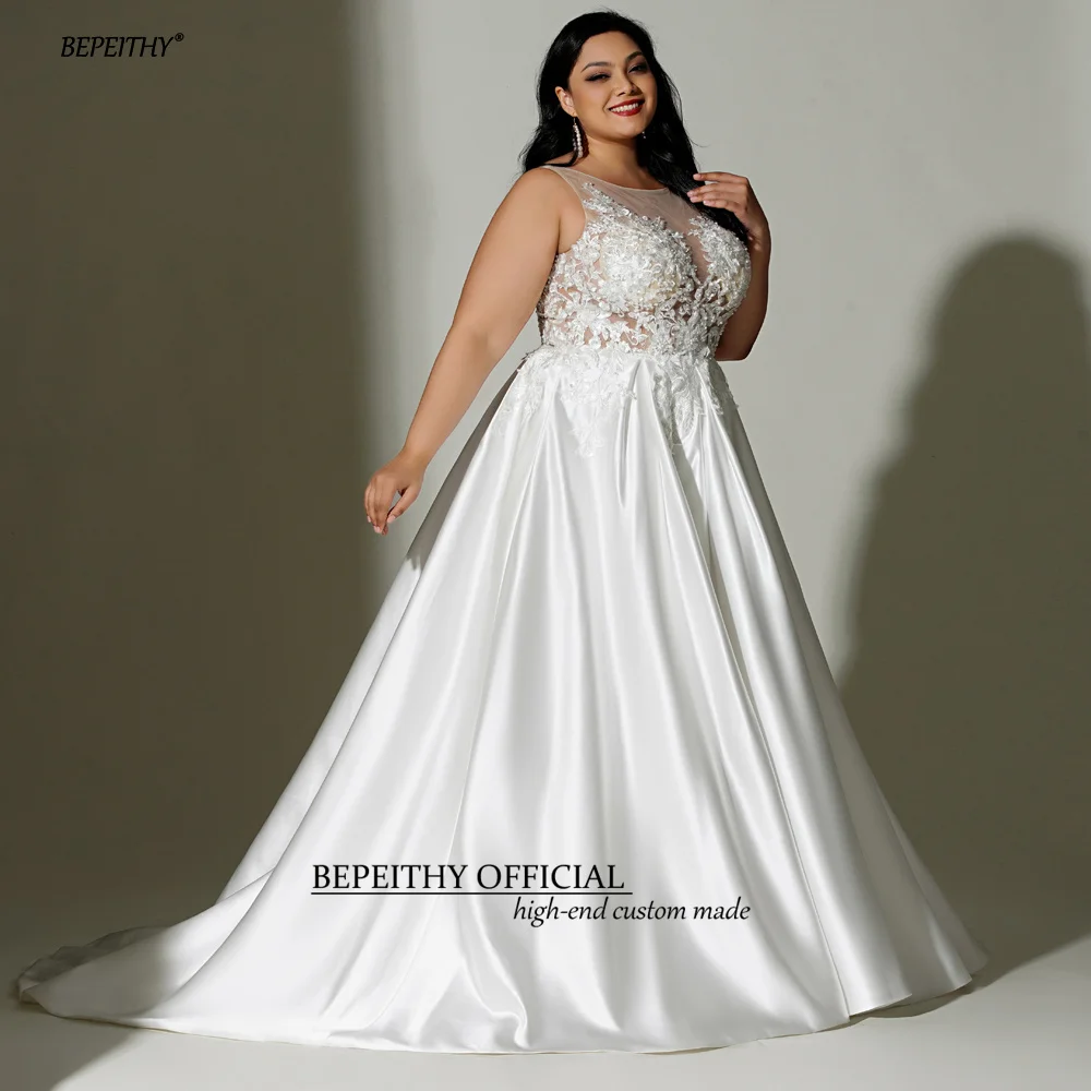 BEPEITHY Customized A Line Ivory Plus Size Satin Wedding Dresses For Women O Neck Sleeveless Sheer Sexy Curve Bridal Gowns