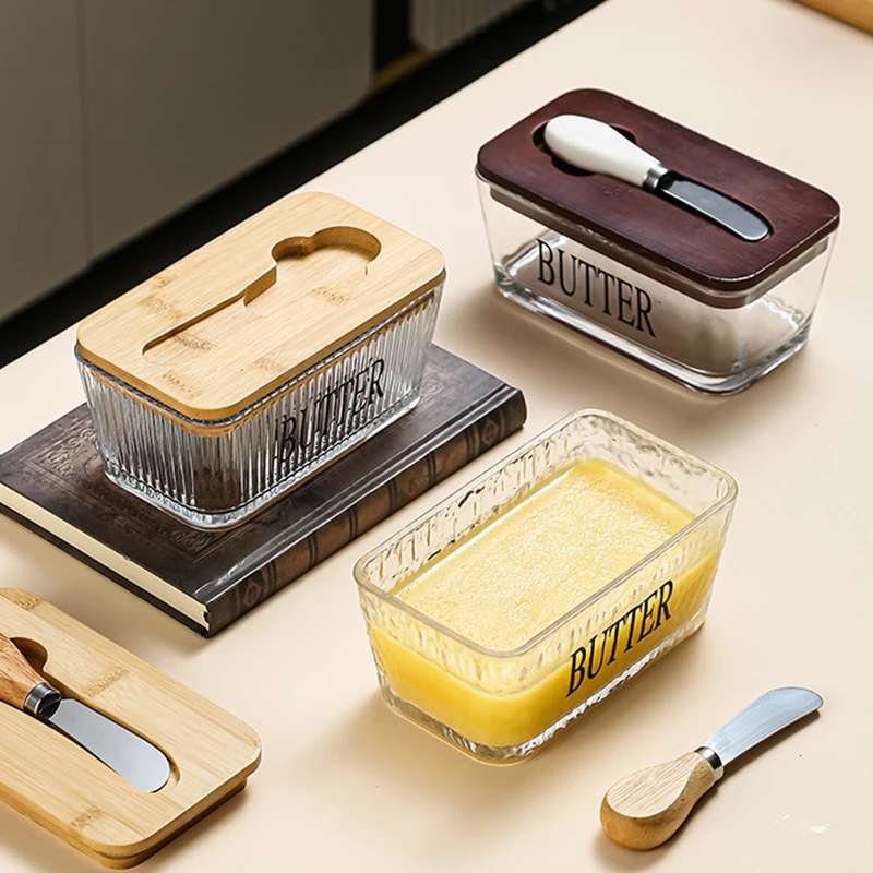 

1PCS Glass Butter Dish with Bamboo Lid And Knife Airtight Kitchen Storage Container for Countertops Ideal for Baking And Gifting