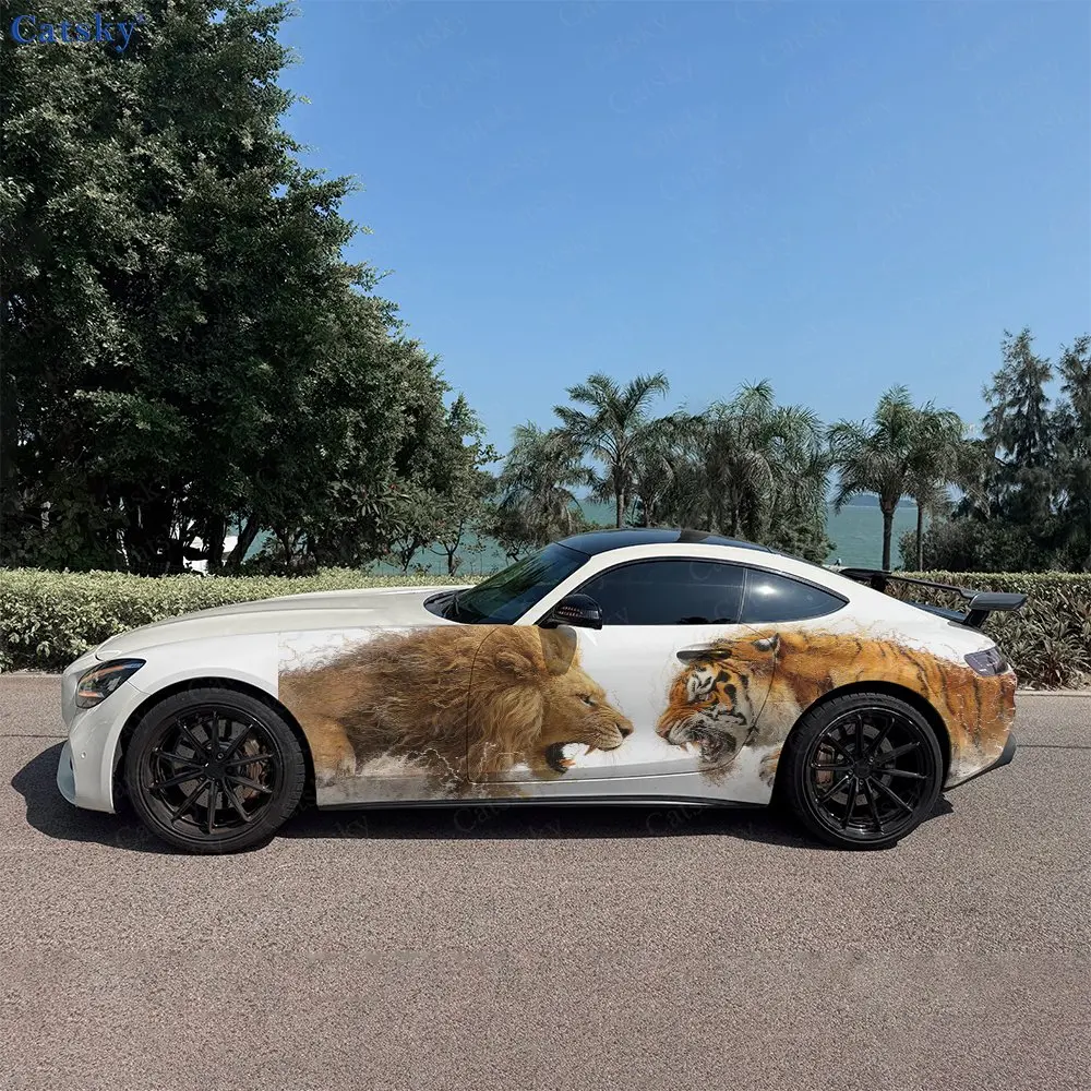 2pcs Lion King Tiger Head Collision Car Side Wraps, Self-Adhesive PVC Waterproof & Scratch-Resistant Sticker, Car Accessory Gift