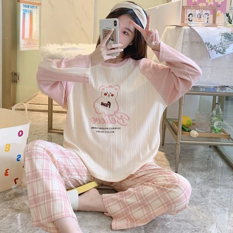 Cotton Sleepwear Women Long Sleeve Pajamas Sets Pullover Kawaii Clothes Spring Autumn Nightwear Korean Homewear Set Pants New