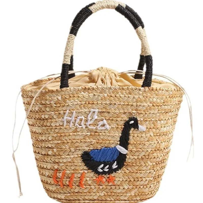 

Straw bag color matching embroidery large capacity hand knitting
