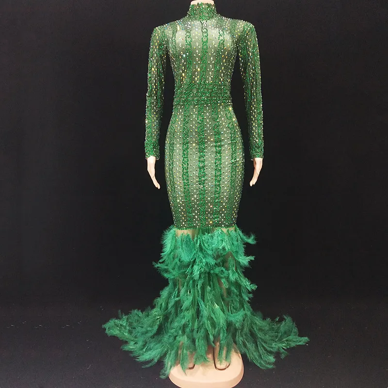 Elegant Green Rhinestones Feather Trailing Long Dress Women Singer Concert Stage Catwalk Floor Length Dance Costume Christmas