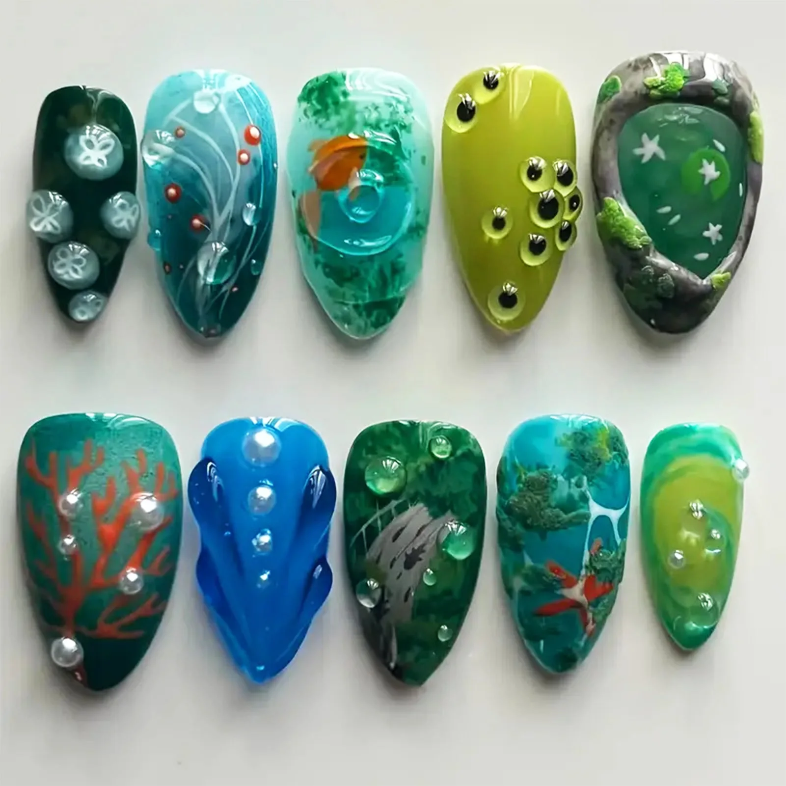 10 Uds. De uñas postizas hechas a mano, estilo del mundo submarino del océano de verano, uñas postizas brillantes de almendra dulce Coolf para chica picante