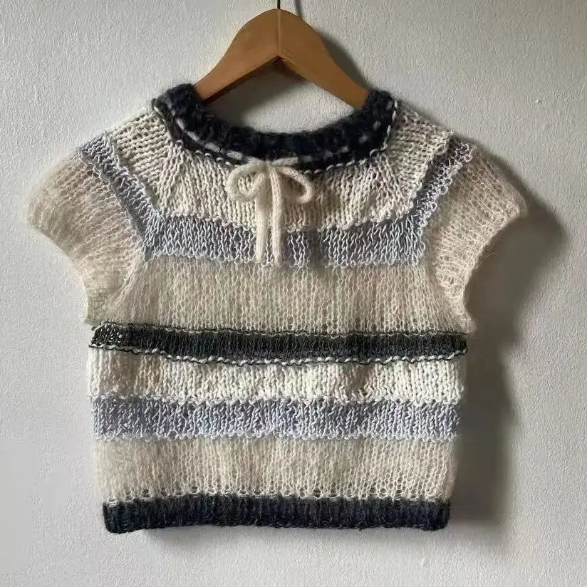Striped hollow out short sleeved pullover vest loose lazy comfortable hand woven mohair sweater women's spring autumn